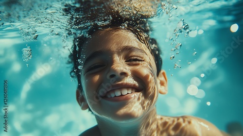 Happy kids having an underwater party in a swimming pool, with a boy grinning joyfully at the camera. Clear pool water, dynamic movement, and plenty of blue tones.