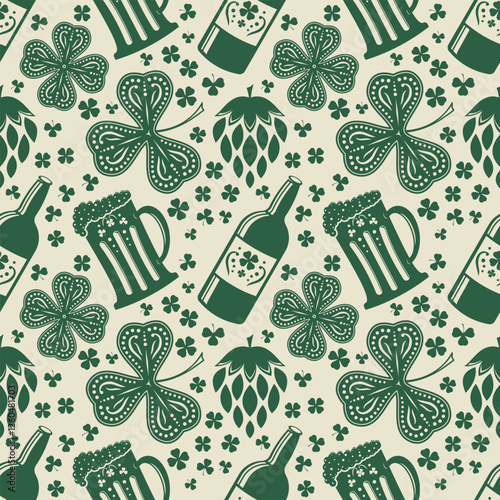 St. Patrick's day background with Beer mugs and Clover leafs. Seamless pattern. Vector illustration