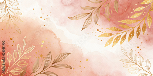 Elegant watercolor splash background with soft pink and peach tones, accented by delicate gold foil leaves or flowers