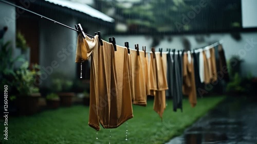 Clothing hanging on a clothesline in a garden during rain, with water droplets visible on the fabric and grass in background.