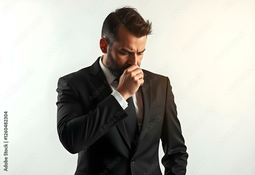 A person in a business suit coughing into their hand, isolated against a white background. A person in a business suit coughing into their hand, isolated against a white background.