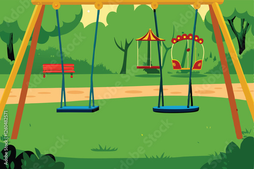 A vibrant illustration of a retro playground featuring vintage metal slides, swings, and climbing structures, bathed in sunlight.