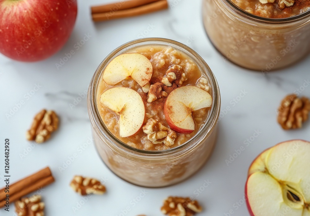 Delicious oatmeal in a jar topped with fresh apple slices and walnuts, garnished with cinnamon sticks on a marble countertop background Delicious oatmeal in a jar topped with fresh apple slices and walnuts, garnished with cinnamon sticks on a marble countertop background