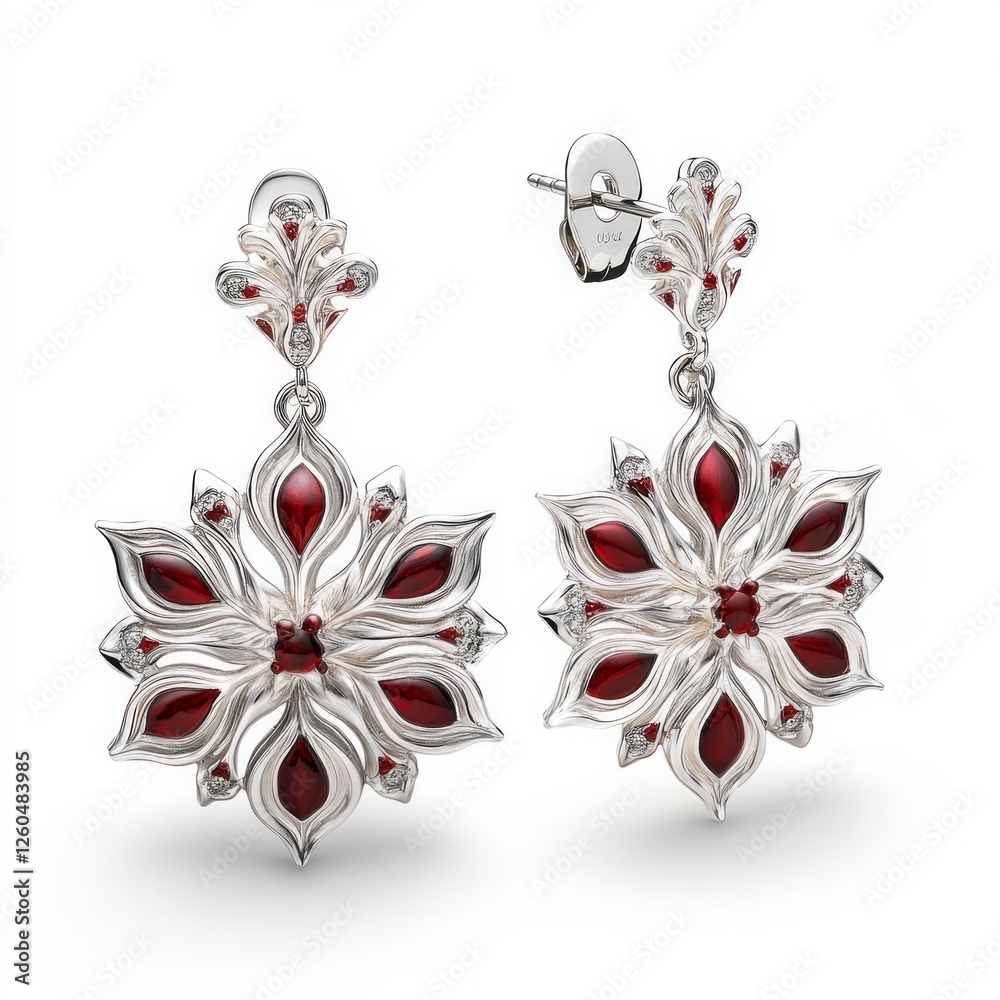 Elegant floral silver earrings with red gemstones showcasing intricate detail Elegant floral silver earrings with red gemstones showcasing intricate detail