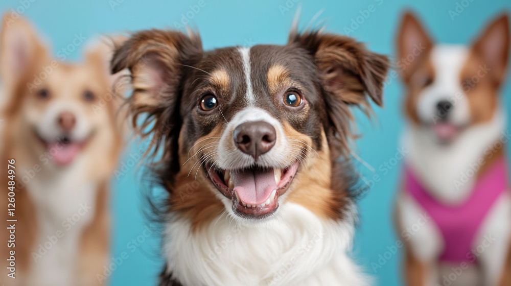Happy dogs posing against a bright blue background Happy dogs posing against a bright blue background