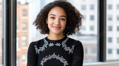 Afro business woman in black dress with embroidery smiling at office room by the window photo