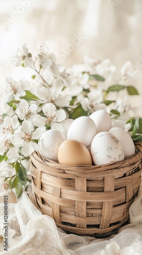 Nestled in a charming wooden basket, decorated eggs rest among delicate white flowers, embodying the essence of spring and celebrating renewal and joy during this vibrant season
