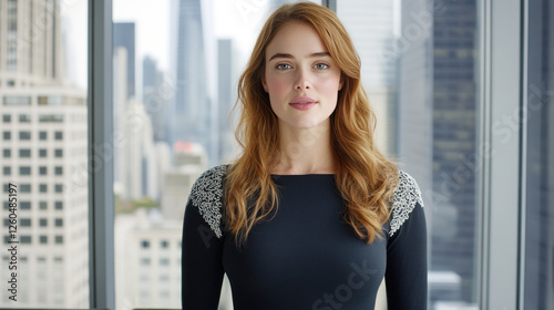Free Download Australian business woman in black dress with embroidery smiling at office room by the window - GFXLoad