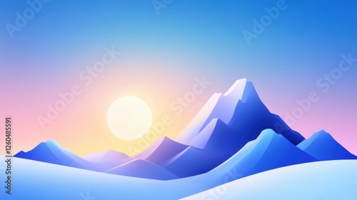 A serene winter landscape featuring majestic mountains under a bright sun photo