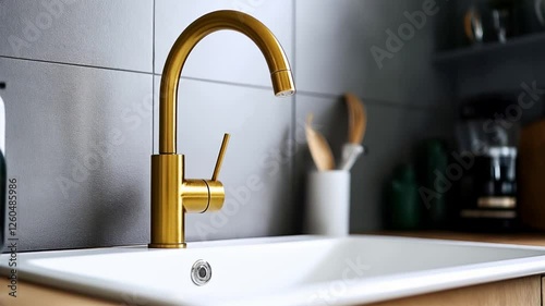Modern kitchen interior with a gold faucet above a white sink, gray tiled wall, and blurred kitchen accessories in the background.