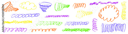 Line curve with texture crayon chalk. Scribble hand drawn set scribble colorful on white background. Curve crayon chalk set, Vector illustration