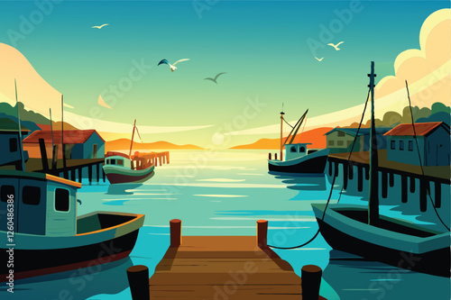 A picturesque fishing village at sunset, featuring traditional wooden houses and boats, bathed in warm golden light.  Peaceful atmosphere.