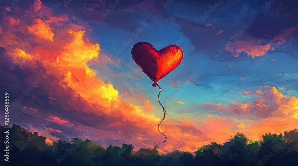 Fototapeta premium Red Heart Shaped Balloon Ascending in a Vibrant Sunset Sky