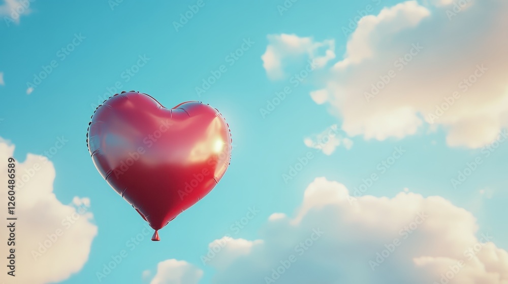 Red Heart Shaped Balloon Floating in a Blue Sky with Fluffy White Clouds Red Heart Shaped Balloon Floating in a Blue Sky with Fluffy White Clouds