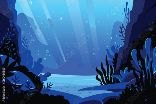 Render a breathtakingly serene underwater canyon scene, showcasing vibrant marine plants and a single, majestic coral reef.  Sunlight filters through the water, illuminating the scene.