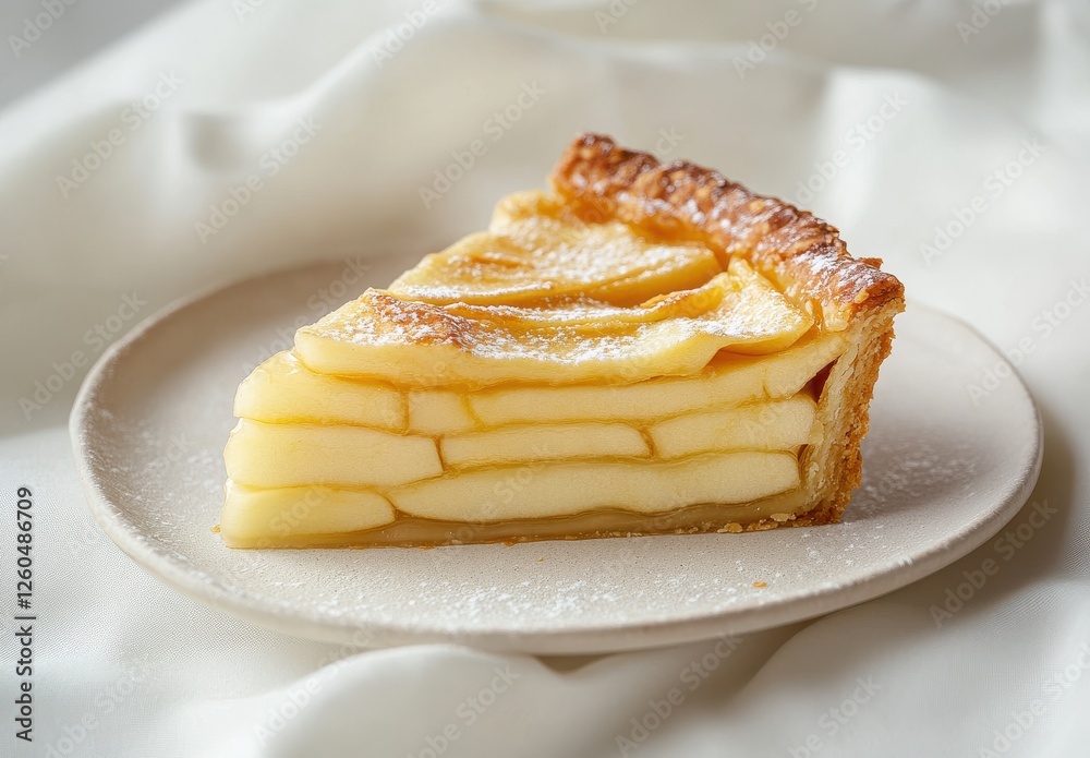Delicious slice of homemade apple pie with delicate layers of thinly sliced apples on a simple plate against a soft textured background Delicious slice of homemade apple pie with delicate layers of thinly sliced apples on a simple plate against a soft textured background