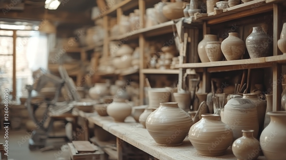 Fototapeta premium Handmade Pottery Studio: Shelves Filled with Unique Ceramic Vases and Bowls