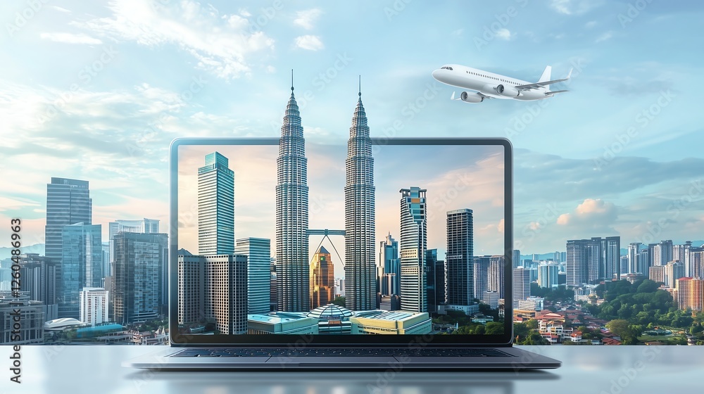 Naklejka premium Discover the iconic Petronas Towers and Menara KL bursting to life from a laptop screen, blending modern architecture with travel allure.