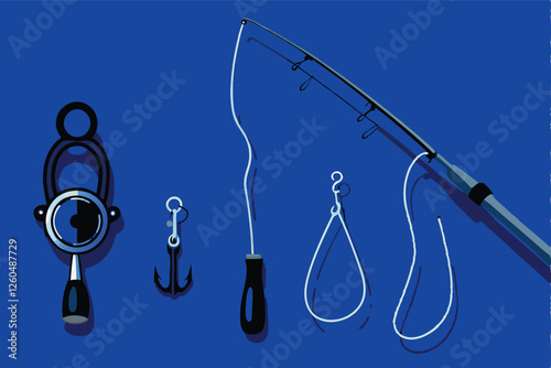 Hand-drawn illustration of vintage fishing tools hooks, floats, lures, nets, arranged aesthetically against a textured background.  Detailed line art style.