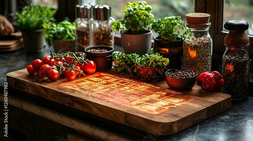 Kitchen countertop with cutting board, herbs, and spices photo