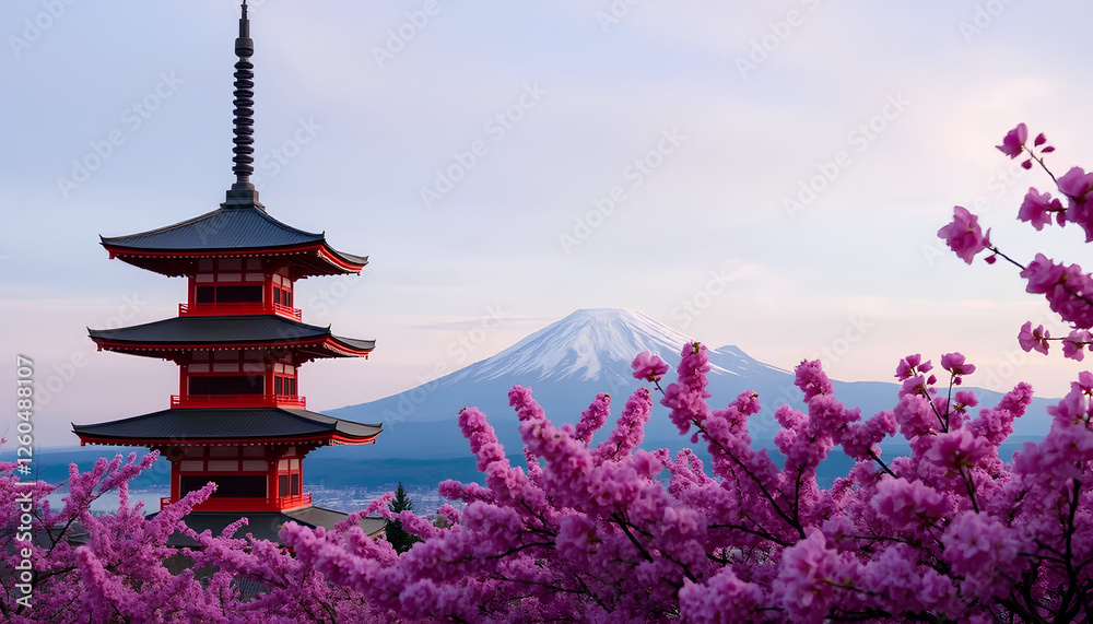 The iconic Chureito Pagoda overlooking Mount Fuji, surrounded by vibrant pink sakura flowers, under a soft pastel sky The iconic Chureito Pagoda overlooking Mount Fuji, surrounded by vibrant pink sakura flowers, under a soft pastel sky