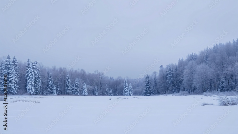 Serene Winter Landscape Snow-Covered Forest and Frozen Field Serene Winter Landscape Snow-Covered Forest and Frozen Field
