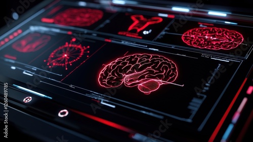 Futuristic interface displaying brain scans in vivid red tones. Technology meets neuroscience, showcasing advanced data visualization and digital health concepts. photo