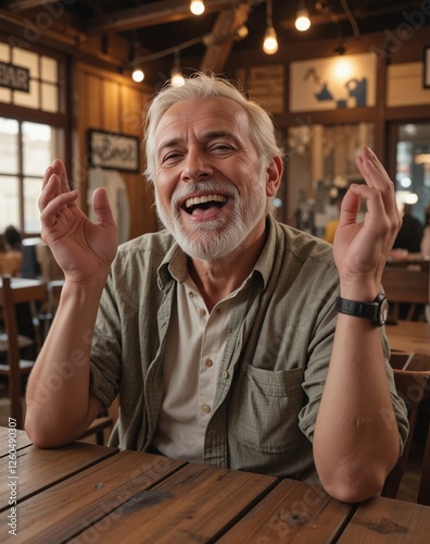 A candid portrait of an elderly man with a white beard, laughing heartily