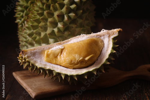 Fresh Indonesian Durian, yellow and sweet. Dark Mood. Tropical of asian fruit.
