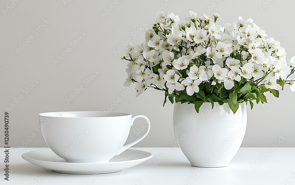 Fototapeta premium White flowers vase, teacup, minimalist home decor, serenity