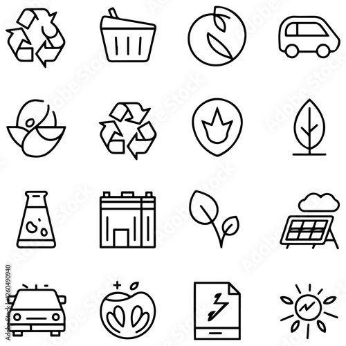 Net zero line icons collection. Sorting, recyclable, electric car, organic, solar energy icons. UI icon set...................