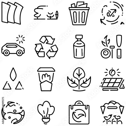 Net zero line icons collection. Sorting, recyclable, electric car, organic, solar energy icons. UI icon set.....