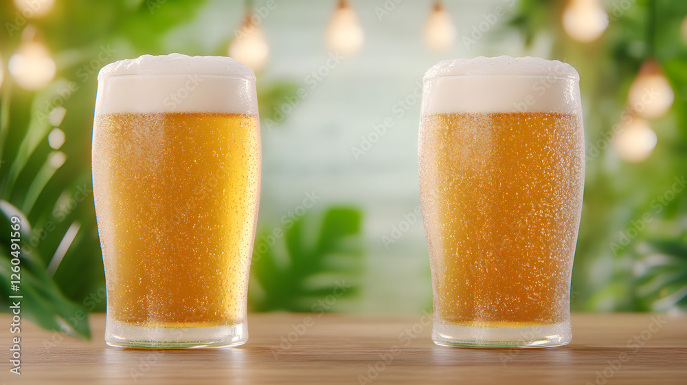 Two frosty beer glasses filled with golden beer, topped with foam.
Two frosty beer glasses filled with golden beer, topped with foam.