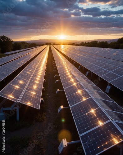 A massive solar farm with glowing, futuristic solar panels stretching into the horizon