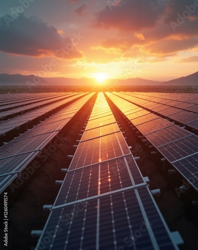 A massive solar farm with glowing, futuristic solar panels stretching into the horizon