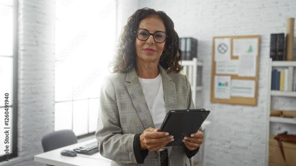 Woman using tablet in bright office setting, showcasing professional confidence and focus, with a blurred computer in the background and modern decor, illustrating workplace environment Woman using tablet in bright office setting, showcasing professional confidence and focus, with a blurred computer in the background and modern decor, illustrating workplace environment