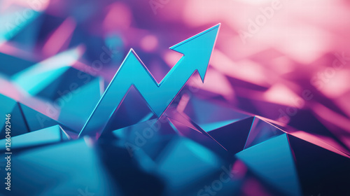 3D icon depicting blue arrow angled upwards, symbolizing growth and progress, stands out against vibrant, abstract background. design conveys sense of optimism and forward movement