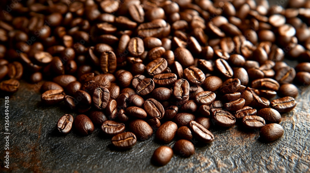 Naklejka premium Freshly roasted coffee beans scattered on a dark surface