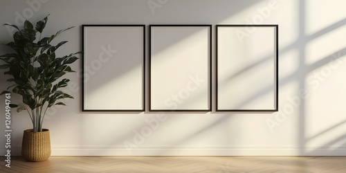 Minimalistic laconic wall mockup with empty framed posters 