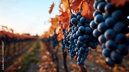 Close-up of ripe purple grape clusters hanging on vines in a vineyard during autumn, featuring golden orange leaves and a warm sunset light in the distance across rows of grapevines.