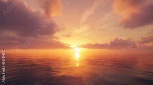 Golden sunset reflecting over the tranquil sea with picturesque clouds