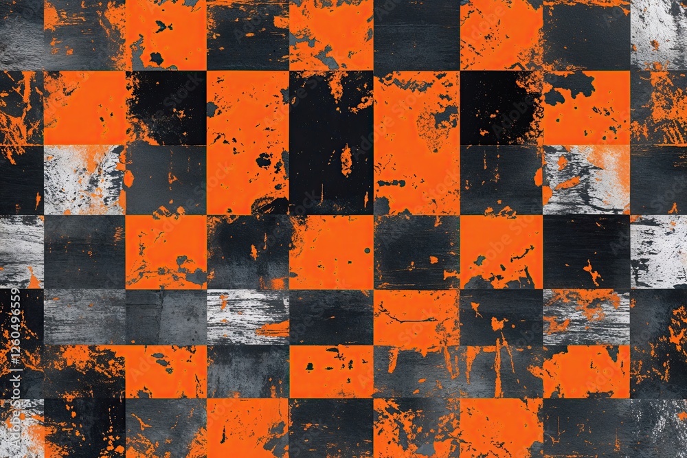 Distressed Charcoal and Neon Orange Checkerboard Motif with Playful Spirited Designs and Bold Colors Distressed Charcoal and Neon Orange Checkerboard Motif with Playful Spirited Designs and Bold Colors