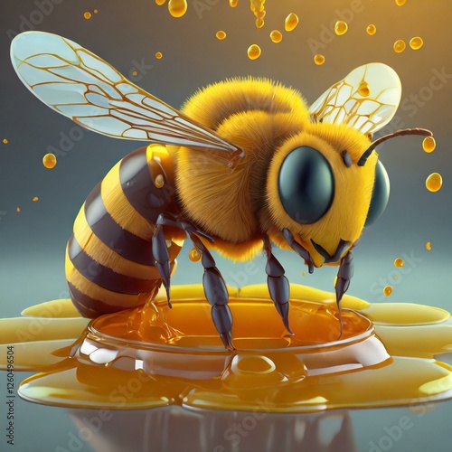 Portrait of a bee flying on honey. Illustration for multiple uses