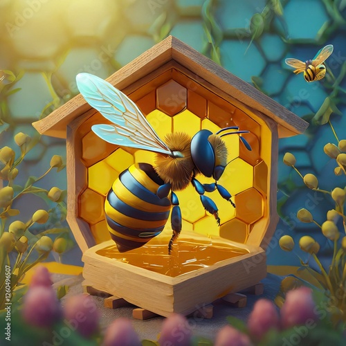 Portrait of a bee flying on honey. Illustration for multiple uses