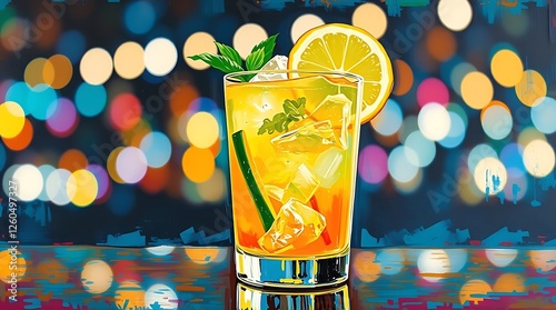 Cocktail with lime and ice in a glass