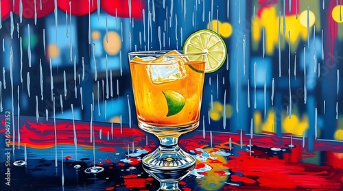 Cocktail with lime and ice in a glass