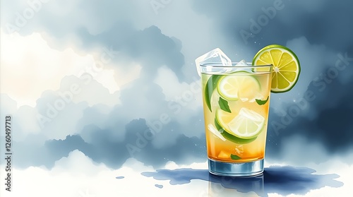 Cocktail with lime and ice in a glass