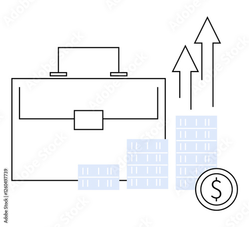 Briefcase, stacked money, rising arrows, and a coin symbol. Ideal for business growth, financial success, investment strategies, corporate progress, economic improvement, and profitability landing