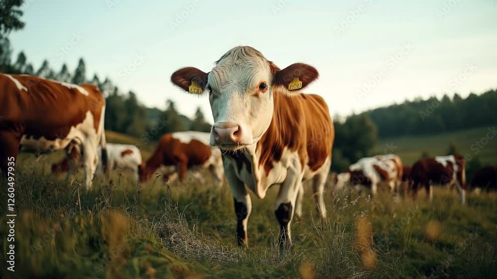 A herd of brown and white cows grazing in a lush green meadow during sunset, with trees in the background and one cow prominently facing the camera. A herd of brown and white cows grazing in a lush green meadow during sunset, with trees in the background and one cow prominently facing the camera.