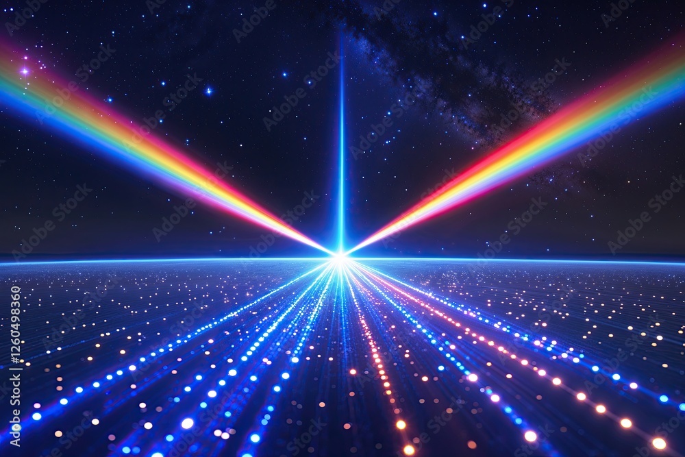 Naklejka premium An Elegant Blue Laser Beam Over a Star-Studded Horizon with Rainbow and Sleek Optics